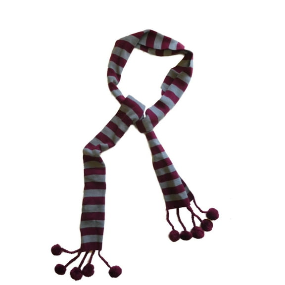 Womens Stripe Knit Maroon Pom Pom Acrylic Winter Neck Scarf