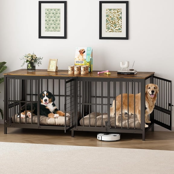Double 80" Dog Crate Furniture, Extra Large Dog Crates for Large Dogs with 2 Dog Bowl, Wooden Pet Cage with Removable Divider, Sliding Door Dog Crate TV Stand, for 2 Pet, Space Saving