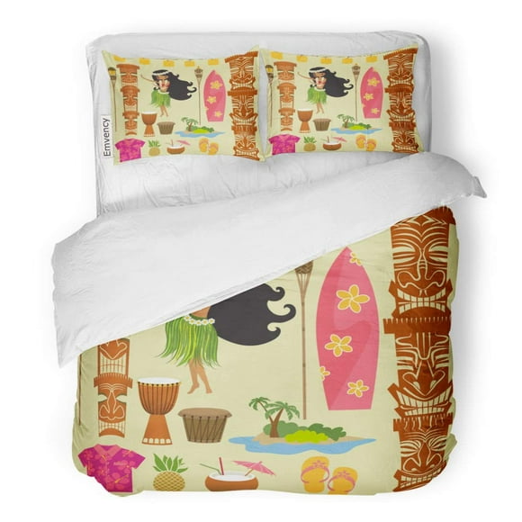 POGLIP 3 Piece Bedding Set Luau Hawaii Symbols and Including Hula Dancer Tiki Gods Totem Pole Drums Torches Hawaiian Party Twin Size Duvet Cover with 2 Pillowcase for Home Bedding Room Decoration