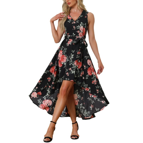 INSPIRE CHIC Maxi Dress for Women's Casual V Neck Floral Print Belt Sleeveless Long Dresses M Black