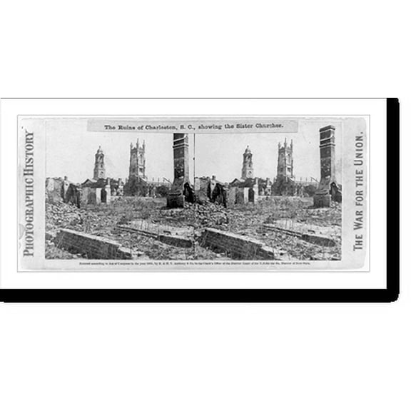 Historic Print, The ruins of Charleston, S.C., showing the Sister Churches, 16" x 20"