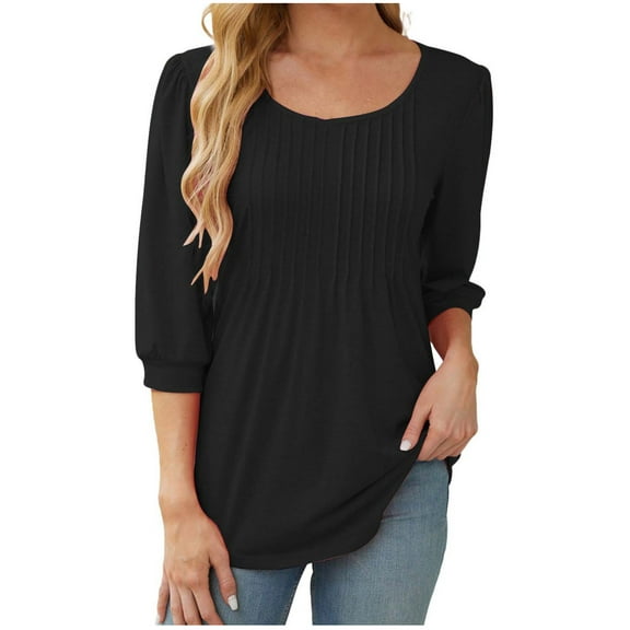 Scyoekwg Shirts for Women 3/4 Sleeve Tops V-Neck Lightweight Pleated Tunic Tops Vintage Solid Color Loose Fall Clothes Dressy Casual Blouses Fashion Tops(Black,S)