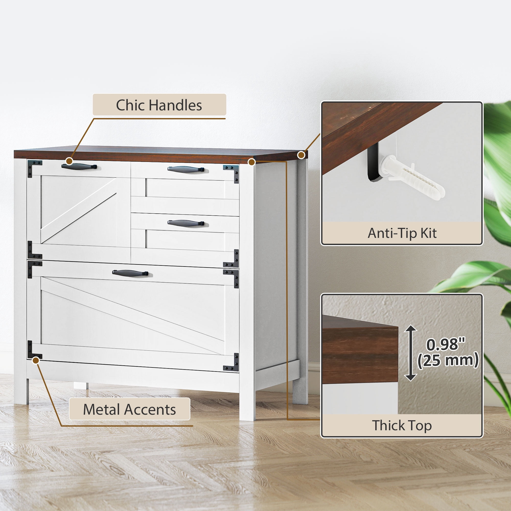 HOMCOM 4 Drawer File Cabinet, Farmhouse Lateral Filing Cabinet with Adjustable Hanging Rails for Letter/A4/Legal Size Files, Printer Stand, White