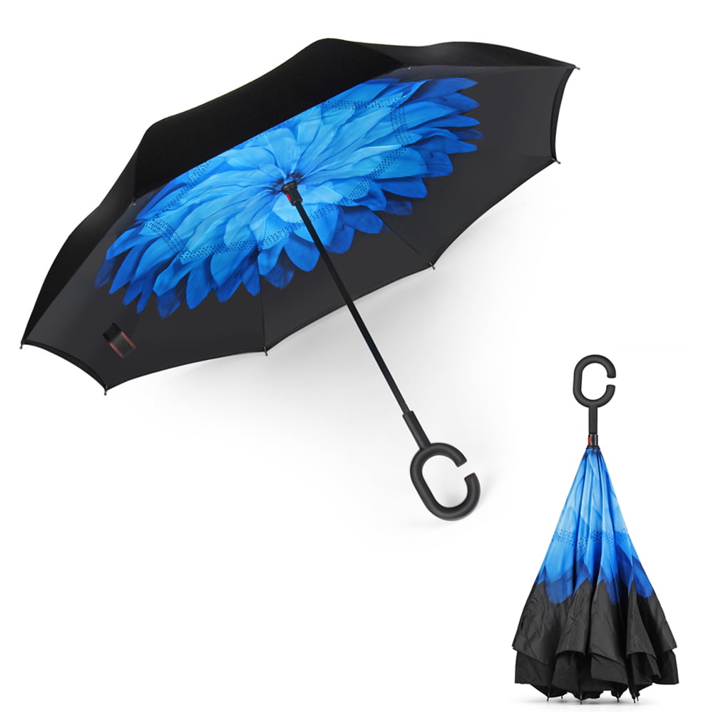 USA Flag Reverse/Inverted Double-Layer Waterproof Straight Umbrella Inside-Out for Car Use