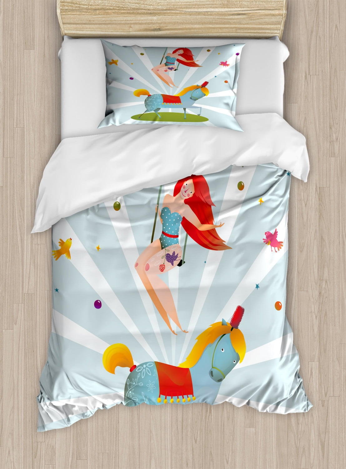 Kids Twin Size Duvet Cover Set, Circus Carnival Show Girl with Pony