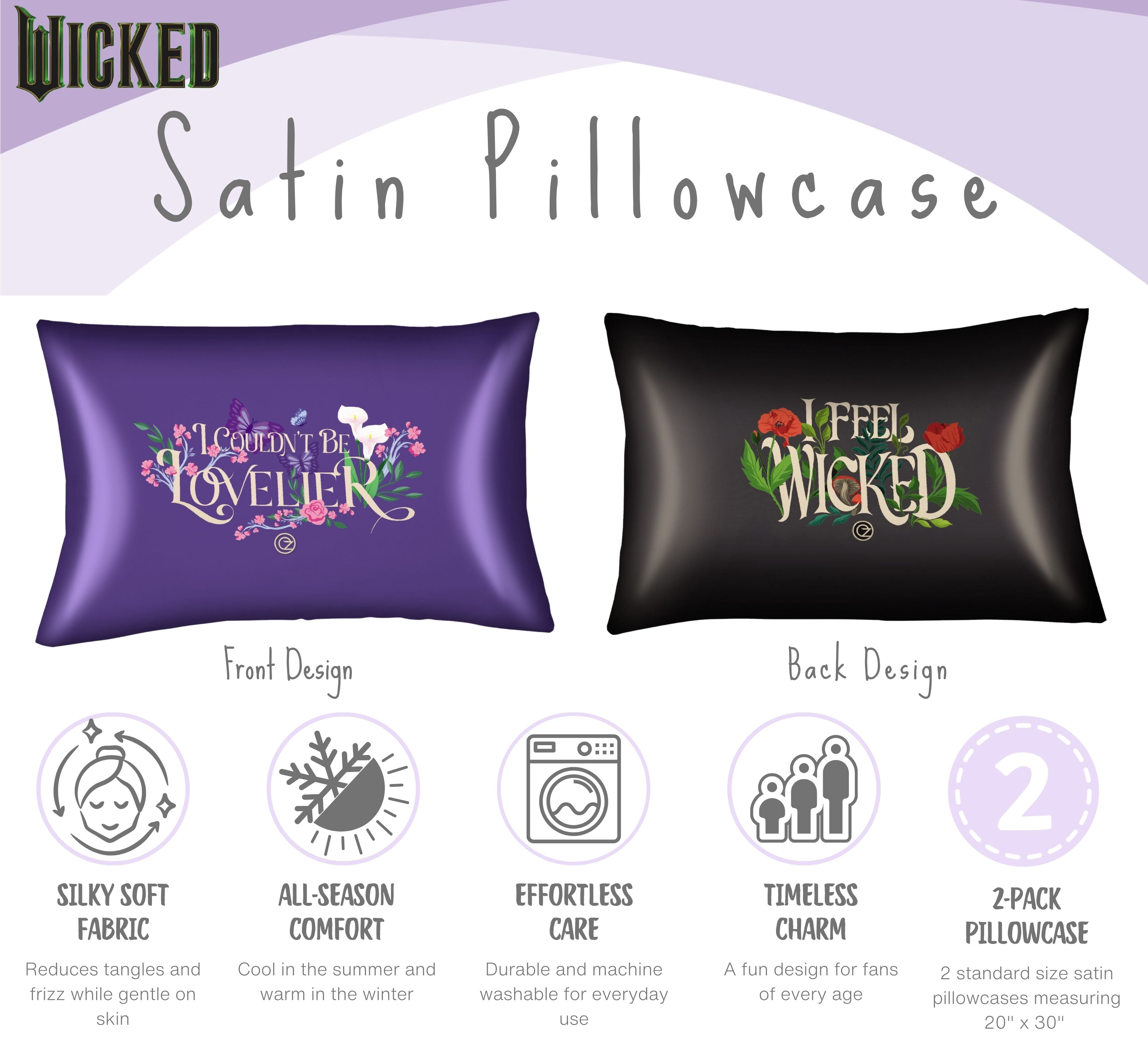 Wicked Purple Black Reversible Silky Satin Pillowcase, Standard Size, 2-Pack
