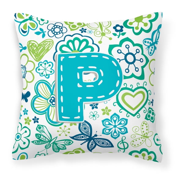 Letter P Flowers and Butterflies Teal Blue Fabric Decorative Pillow
