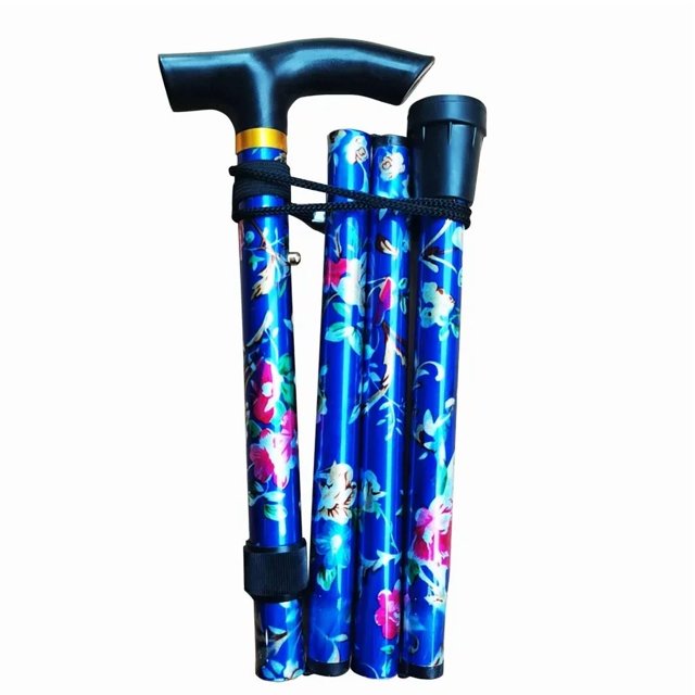 Wholesale Adjustable Aluminum Alloy Folding Cane with Non-Slip Base – 5-Section Telescopic Design for Elderly, Compact Storage & Outdoor Hiking Use, Blue Patterned Walking Stick for Safe Mobility