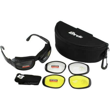 Smoke Goggles - Birdz Eyewear Falcon Padded Glasses Convert to Goggles and Lens Kit (Black Frame/Clear, Smoke, Yellow Lens)