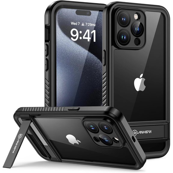 for iPhone 15 Pro Case with Kickstand, IP68 Waterproof Dustproof Case Built-in Screen Protector, Full Body Heavy Duty Shockproof Phone Cover for iPhone 15 Pro, 6.1 Inch (Black)