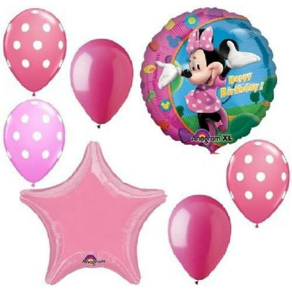 MINNIE MOUSE Pink Rose Polka Dots 7 Pc Birthday Party Bouquet Balloons Set