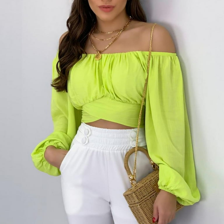 Airpow Long Sleeve Off The Shoulder Blouses Shirts Going Out Tops For Women Casual Sexy Fashion Summer T neck Puff Sleeve Solid Color Shirt Top
