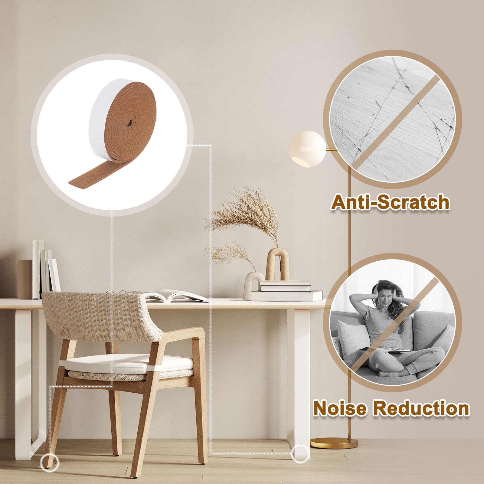 Felt Strips with Adhesive Backing, 4 Pack 1" x 120" x 0.12" Adhesive Felt Strips Anti Scratch Furniture Felt Tapes Self-Stick Felt Pads for Protecting Hardwood Floor, Light Brown