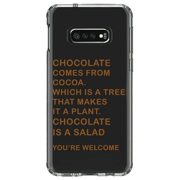 DistinctInk Clear Shockproof Hybrid Case for Samsung Galaxy S10e (5.8" Screen) - TPU Bumper Acrylic Back Tempered Glass Screen Protector - Chocolate Comes From Cocoa Is A Salad