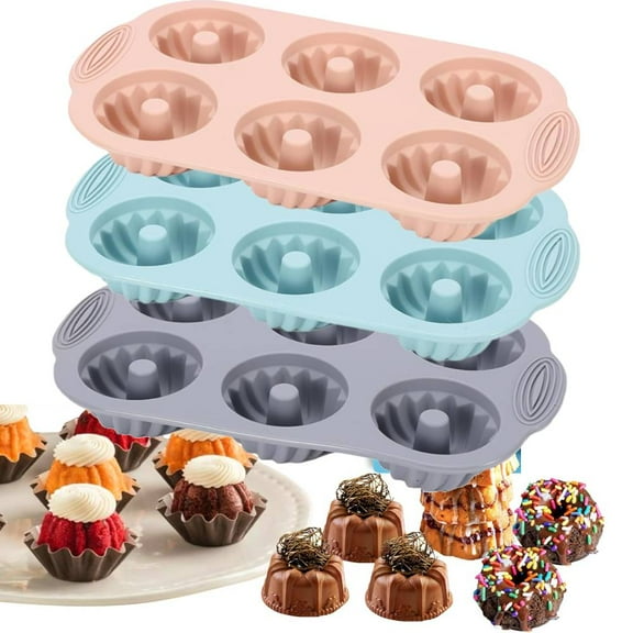 3Pcs Mini Bundt Cake Pan, 6Cavity Heritage Bundtlette Cake Silicone Mold for Baking,Non Stick Fancy Molds for Fluted Tube Cake