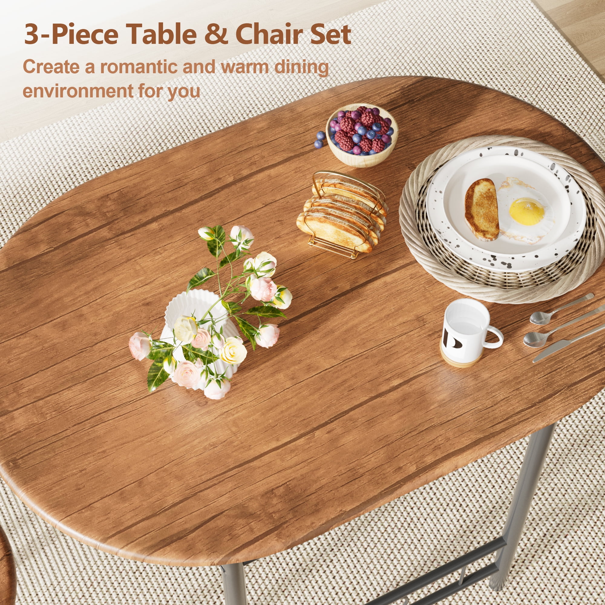 Vineego 3 Pieces Dining Set for 2 Small Kitchen Breakfast Table Set Space Saving Wooden Chairs and Table Set,Dark Brown