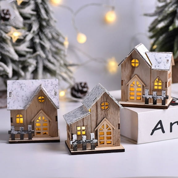 Greenadscape 2Pcs Home Decor Christmas Luminous Wood Small House Wood Color Small Houses For Table Decoration