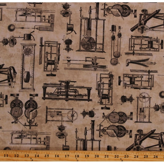 Cotton Machines Blueprints Vintage Instruments of the Hours Natural Cotton Fabric Print by the Yard (SRKD-21508-14NATURAL)