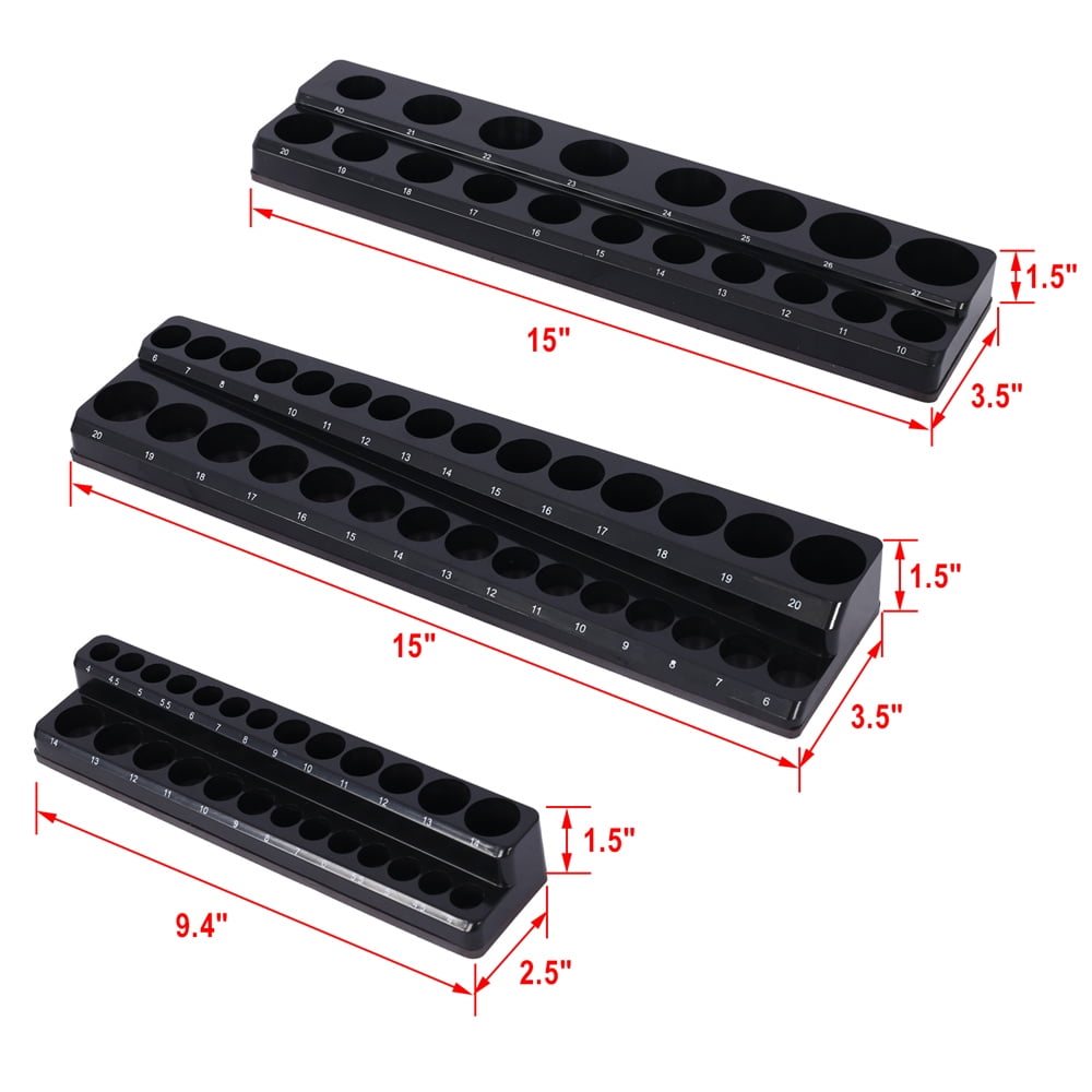 3 Piece Magnetic Socket Organizer Set, 1/2", 1/4" and 3/8" Socket Holder Kit, Attaches to Steel Box / Tool