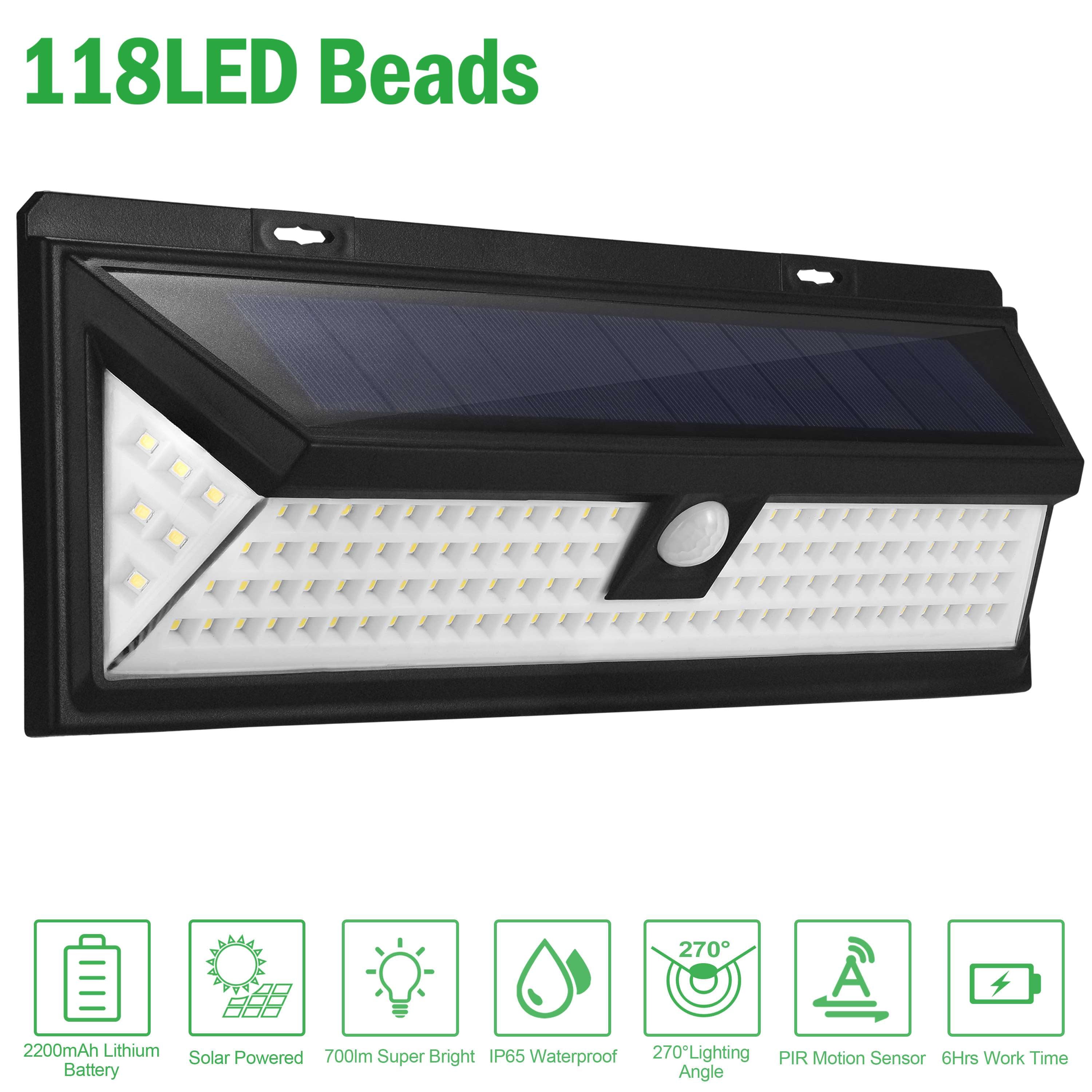 Solar Lights 118 LEDs Solar Wall Light Outdoor Motion Sensor Lamp IP65 Waterproof 120 Sensing 270Wide Lighting Angle for Garage Garden Pathway