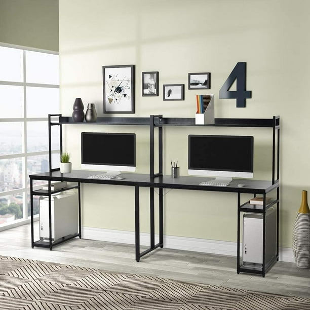 94 5 Inches Computer Desk With Hutch Extra Long Two Person Storage Shelves Double Workstation Office Table Study Writing For Home Black Com 94 5 Inches Computer Desk With Hutch, Double Desk Home Office With Hutch