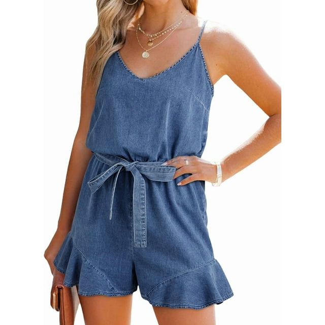 Womens Vintage Denim Rompers Summer Distressed Spaghetti Strap V Neck Wide Leg Belted Short Jean Jumpsuit Blue S