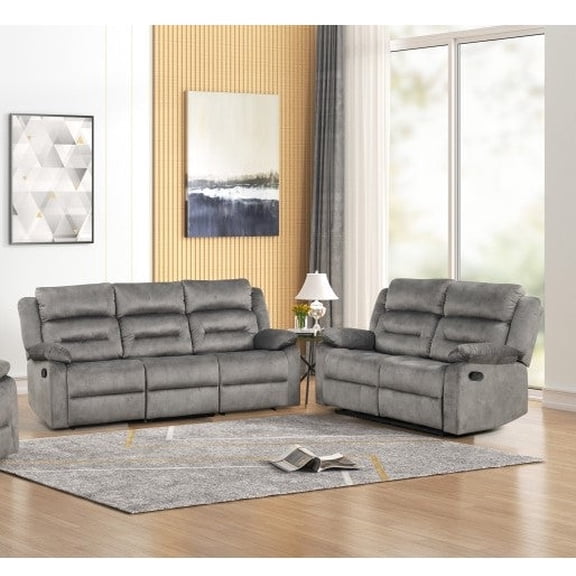2 Pieces Fabric Tufted Manual Reclining Sofa Set, Plush Pillow Top Armrest Sofa and Loveseat, Gray