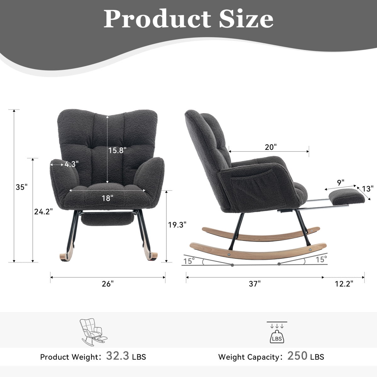 Nursery Rocking Chair Modern Armchair Upholstered Glider Rocking Chair Accent Chair with Retractable Footrest Reading Chair with High Backrest Solid Wood Base for Bedroom, White, Teddy