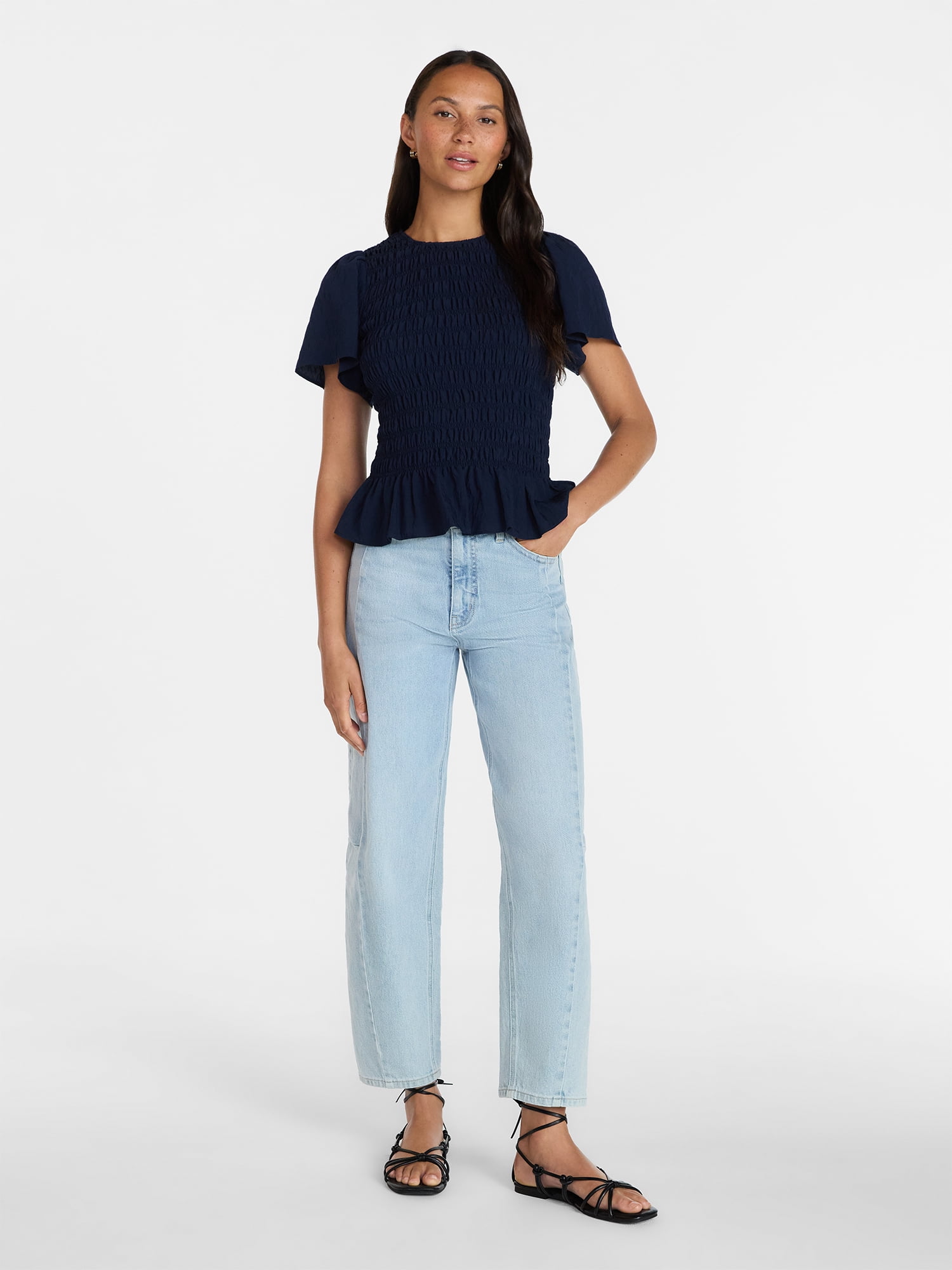Time and Tru Women's Smocked Top with Peplum Hem, Sizes XS-XXXL