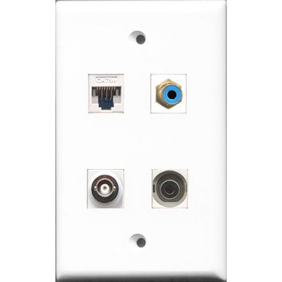 RiteAV 1 Port RCA Blue and 1 Port 3.5mm and 1 Port BNC and 1 Port Cat5e Ethernet White Wall Plate
