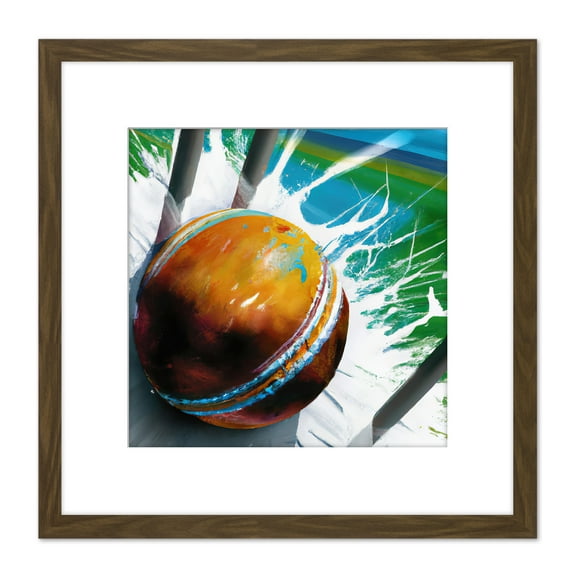 Cricket Ball Hits Wickets Spin Bowler Dynamic Sports Splatter Painting Square Wooden Framed Wall Art Print Picture 8X8 Inch