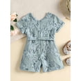 thumbnail image 3 of Toddler Baby Girls Summer Romper, Short Sleeve Crew Neck Lace Flower Short Jumpsuit One-Piece Clothes with Belt, 3 of 9