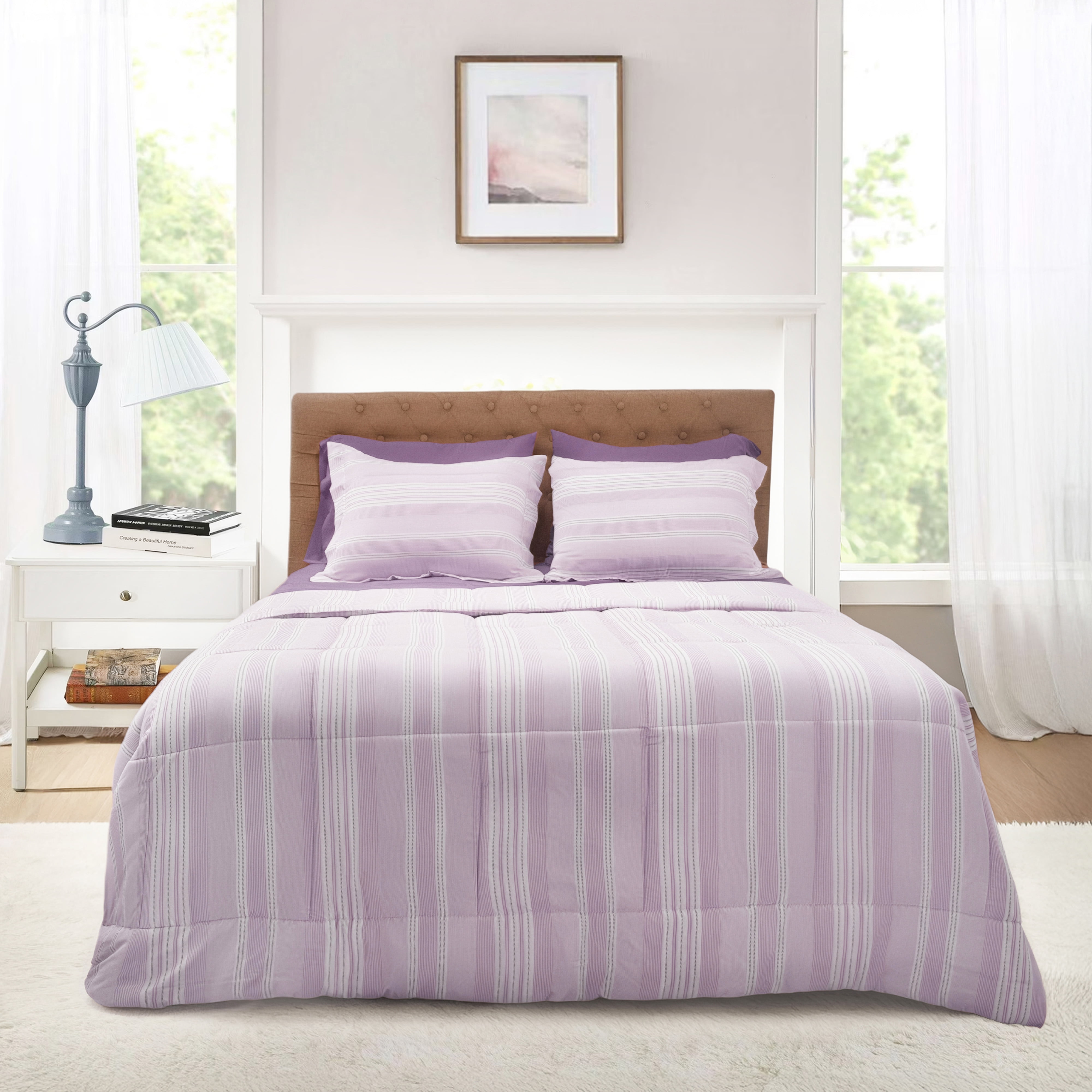 Mainstays All in One Reversible Comforter and Sheet set- 7 Piece, King, Purple and White Stripe