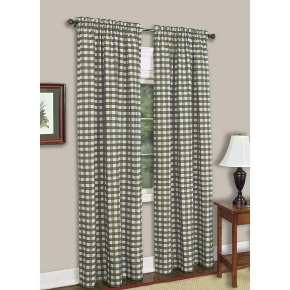 2 Pack: Country Chic Plaid Gingham Check Rod Pocket Window Curtain - Sage Green, 84 in. Long