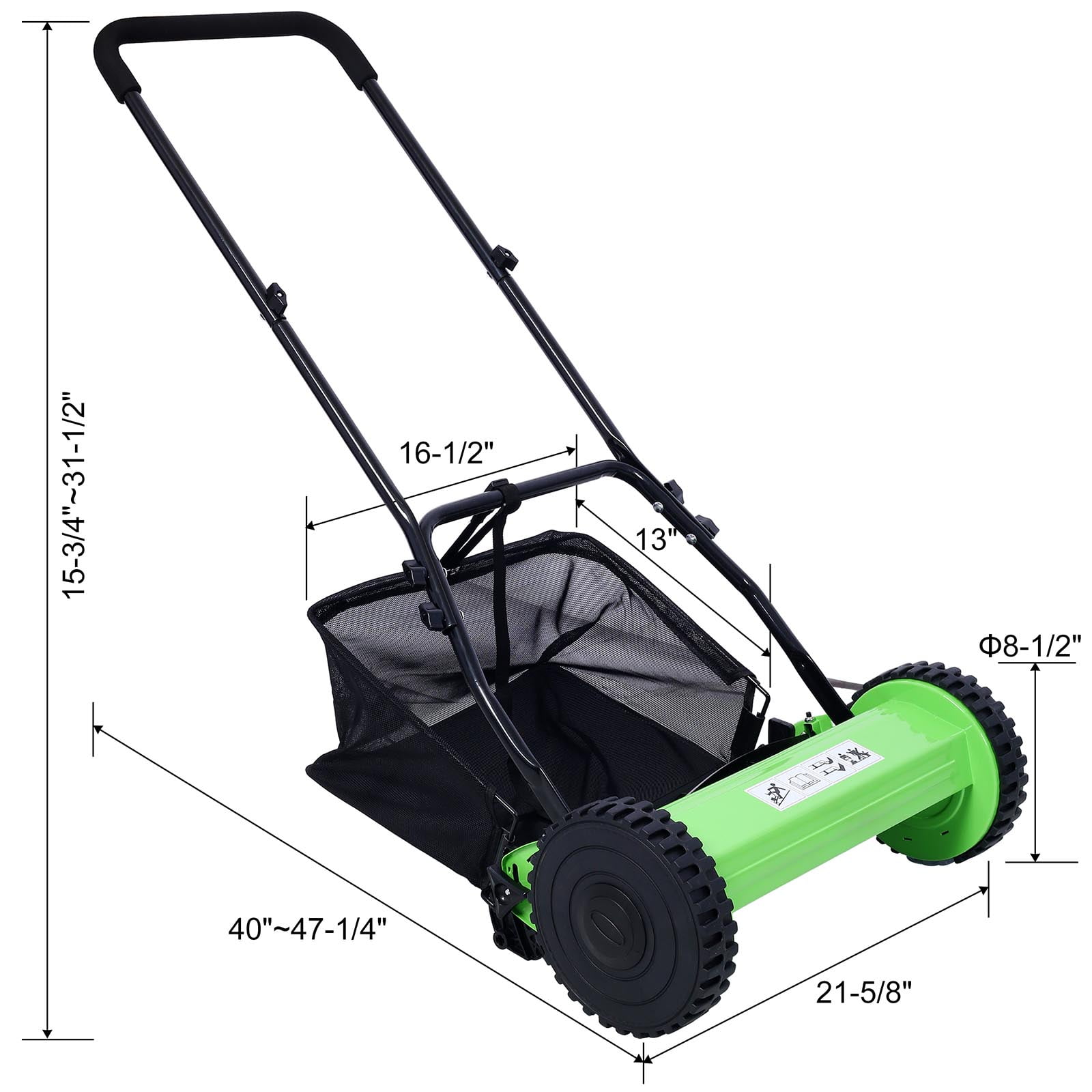 16-Inch 5-Blade Push Reel Lawn Mower with Grass Catcher, GREEN COLOR