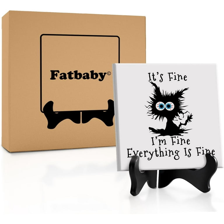 Funny Cat Office Desk Sign - It's Fine I'm Fine Everything Is Fine Wooden Plaque With Stand, Cute Gift For Cat Lovers, Home Desk Decor