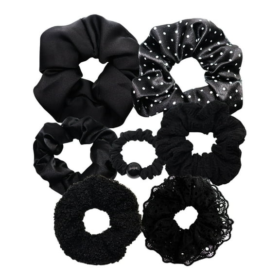 Set of 7 Satin Silk Scrunchies Soft Hair Ties Fashion Hair Bands Hair Bow Ropes Elastic Bracelets Ponytail Holders Hair Accessories for Women Girls (Assorted Multi-Styles, Black)