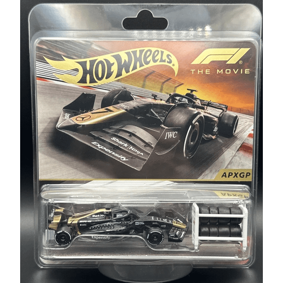 Hot Wheels F1 The Movie APXGP Diecast Car, Black with Gold Livery, 1:64 Scale, Real Riders, Three Sets of Tires with Storage Rack