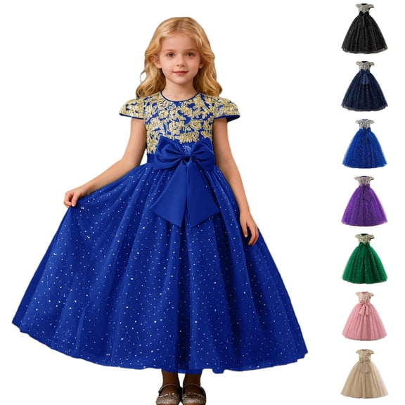 HJYCHN Girls' Dresses Short Sleeve Embroidered Long Formal Gown with Large Bow and Flowing Skirt for Girls Dress 10-11 Years