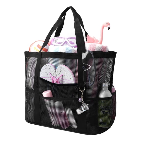 Mesh Beach Bag, Large Mesh Beach Tote Bag With 9 Pockets, Swimming Travel Tote Bag, Foldable Beach Duffle Bag, Black
