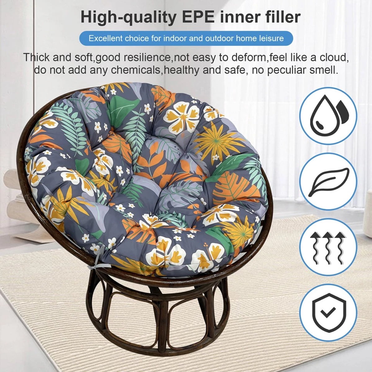 Eurhowing 48 Inch Papasan Cushion Replacement, 5" Thick Water-Resistant Round Cushion, Outdoor Patio Swing Papasan Chair Pad, Floral