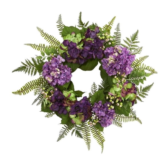Pemberly Row 24" Hydrangea Berry Wreath with Lush Green Leaves in Purple