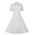 thumbnail image 4 of QUYUON Women White Graduation Dress Elegant Formal Crew Neck Floral Lace Short Sleeve Cocktail Dress Front Hollow Out Evening Party Wedding Guest A-Line Swing Dress, White M, 4 of 9