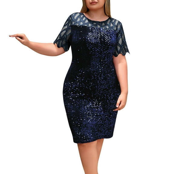 asdoklhq Sweater Dresses for Women 2025 Short Sleeve Womens Solid Color Sequin Plus Size Womens Short Sleeved Dress Navy M