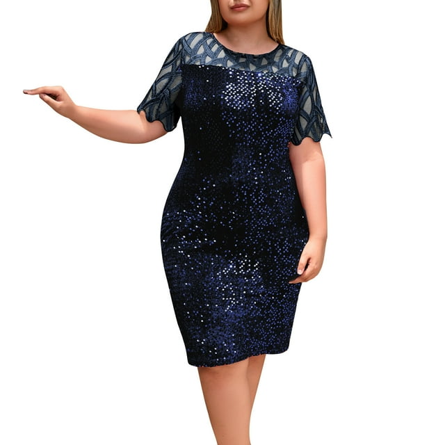 Wo-Fusoul Robe à Paillettes Grande Taille pour Femmes, Manches Courtes, Tenue Décontractée et de Fête, Design Confortable à Col Rond avec Tissu Extensible pour Diverses Occasions