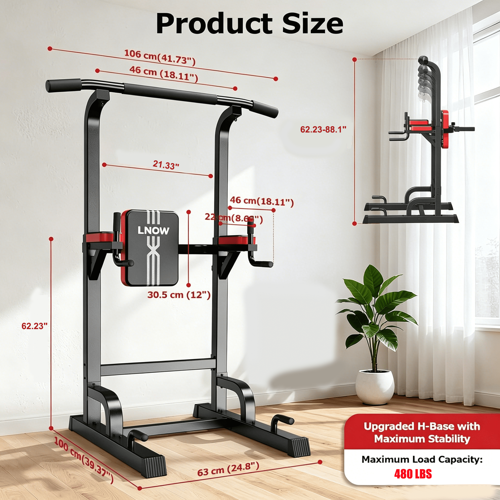 LNOW Adjustable Power Tower 480lbs Max Weight Multifunction Body Champ Dip Station Pull up Bar Power Rack for Home Gym Strength Training Workout Equipment