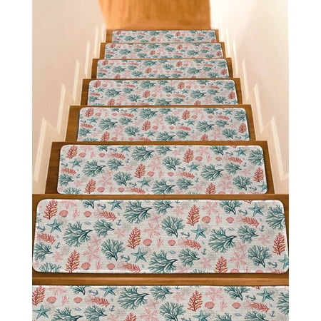 Sage Green Red Coral Stair Treads for Wooden Steps Indoor Runner Rug Carpet Coastal Nautical Summer Beach 4 Pieces Peel and Stick Staircase Step Treads Covers Washable Throw Door Mats 30 x8