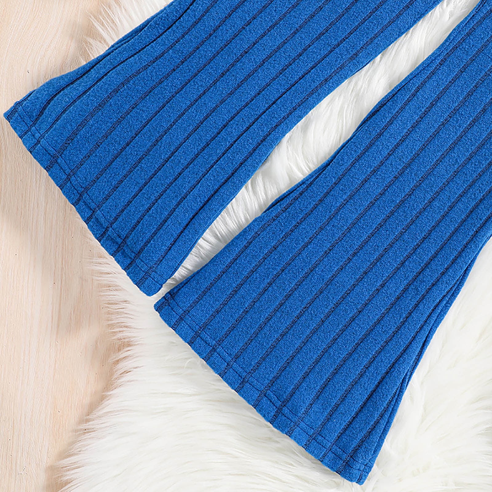 Baby Outfits Kids Girl's Autumn Winter Solid Striped Long Sleeve Tops Flared Pants Set Girls Clothes Blue 11 Years-12 Years