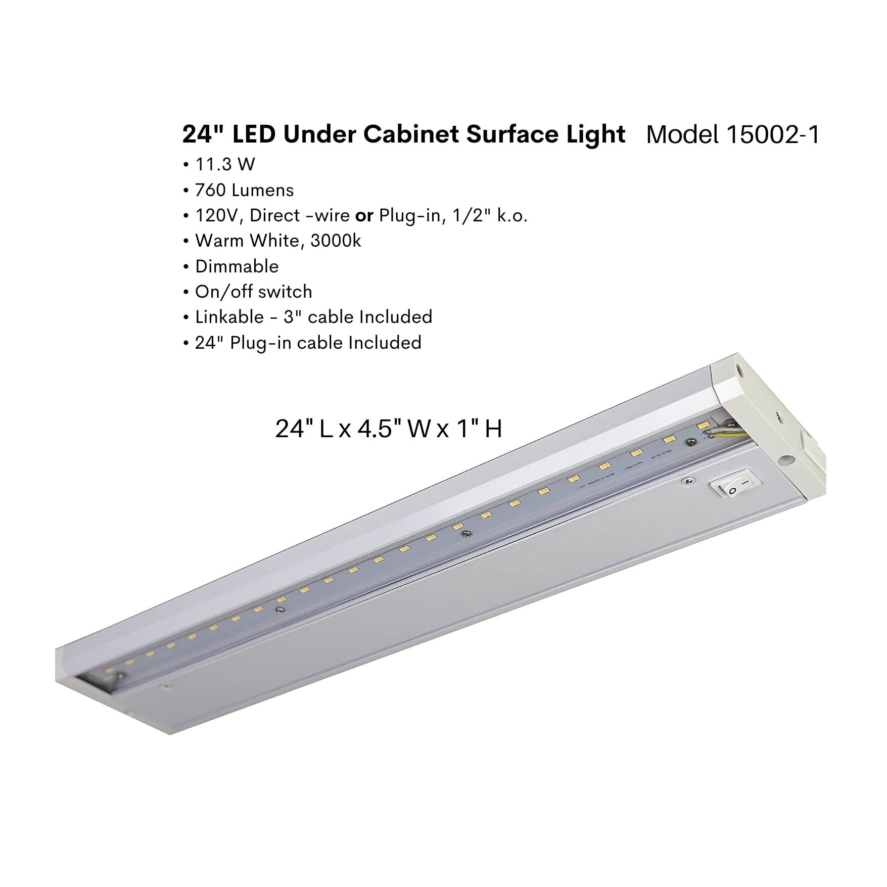 LED Under-Cabinet or Closet Lights - Dimmable, Direct Wire or Plug-in, 760 Lumens 3000K Warm White, 24-Inch
