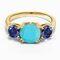 thumbnail image 2 of Gem Stone King 18K Yellow Gold Plated Silver Green Turquoise and Blue Created Sapphire 3 Stone Engagement Ring for Women (3.20 Cttw, Gemstone, Cushion 8MM, Size 5), 2 of 5